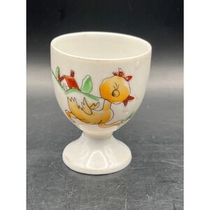 Vintage Made in Japan Egg‎ Cup Cute Chick Farm House Scene Porcelain 2.25" Tall